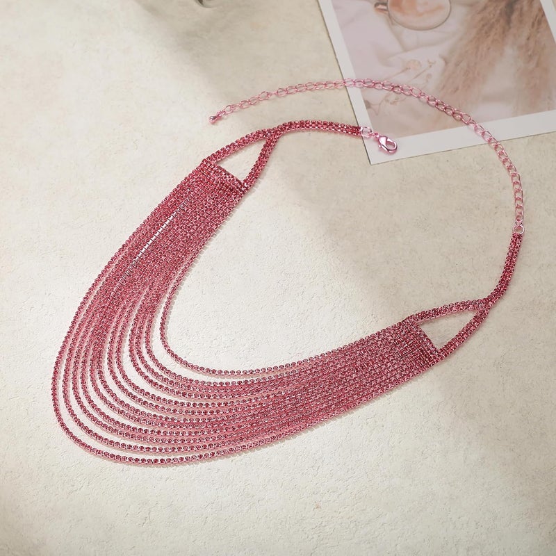 Flyonce Multi Layered Choker Collar Necklace, Glitter Rhinestone Crystal Tassel Multi-Strand Fringe Chains Bib Statement Necklace Prom Jewelry for Women - Image 4